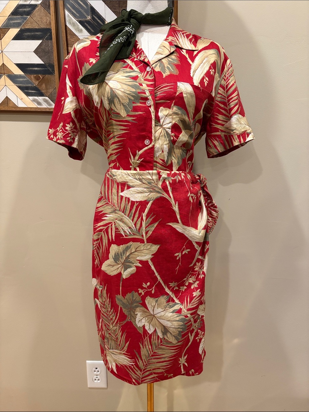 Vintage Lauren Ralph Lauren Linen Tropical Wrap Skirt and Button Down Blouse Set